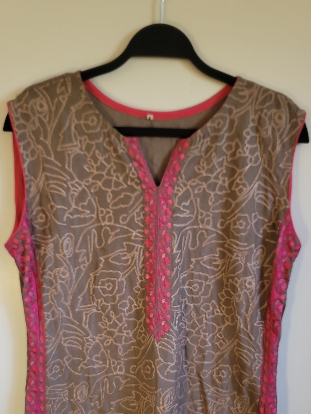 Sleeveless Taupe Floral Tunic with Pink Trim Heavily Embroidered